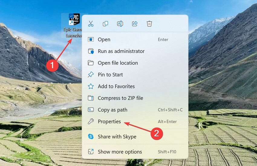 abra o menu de contexto no epic games launcher e clique em prorpiedades