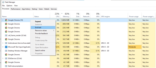 불필요한 소프트웨어의 작업 종료