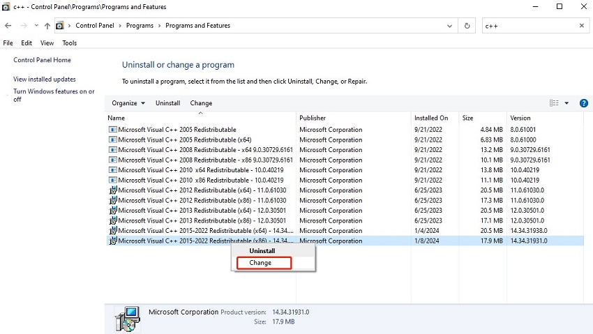 reparar c++ redistribuíveis - 2
