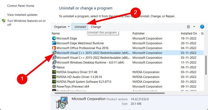 uninstall microsoft vc runtime