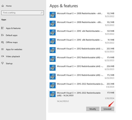 uninstall visual c++ redistributable package-step 2