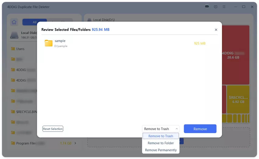 select removal options for large files
