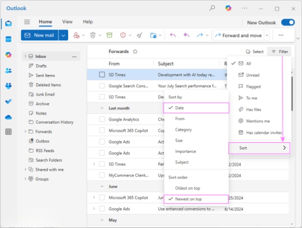adjust outlook filter settings