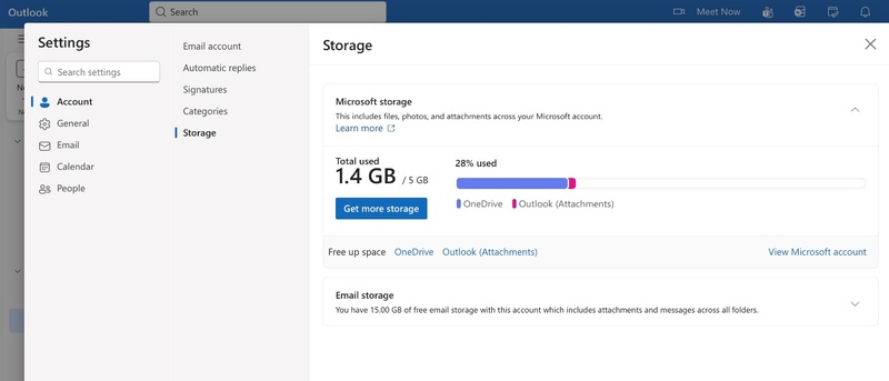 check outlook storage limit