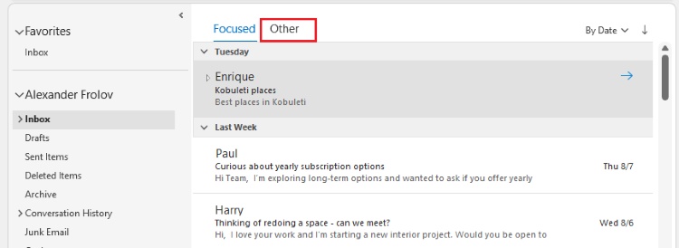 check outlook the other inbox
