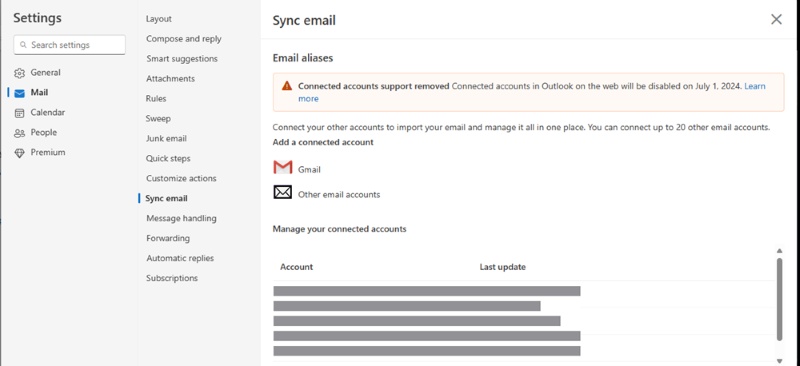 clear outlook other connected accounts