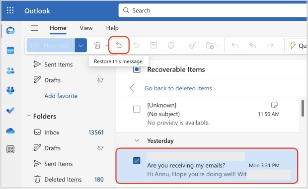 click restore this message outlook