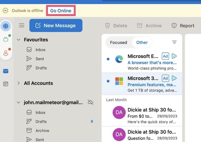 outlook go online option