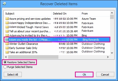 outlook recover selected items from microsoft 365