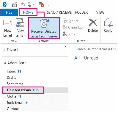 recover deleted items from server outlook