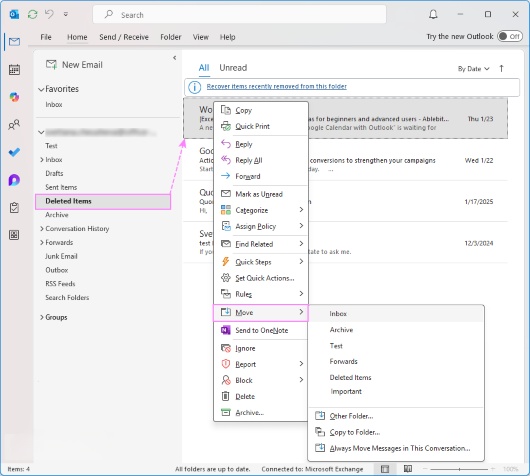 restore emails from outlook web