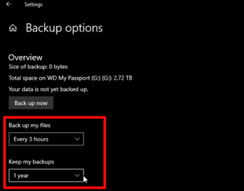 opciones de copia de seguridad, configuración de ventanas