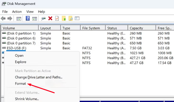 format usb on windows disk management