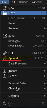 Blender File menu showing Append