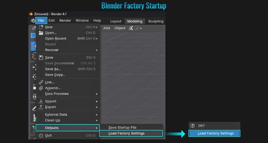 Blender Load Factory Settings in the File menu