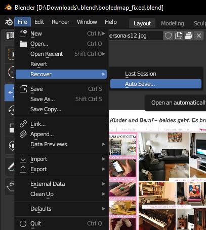 Blender File menu showing Recover Auto Save