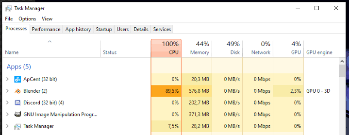 Windows Task Manager showing Blender resource use
