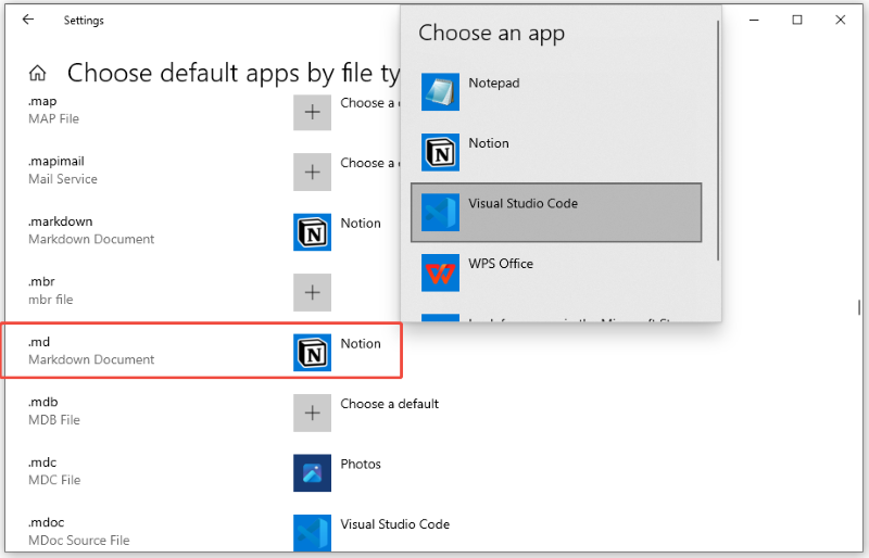 change the default app for md files windows