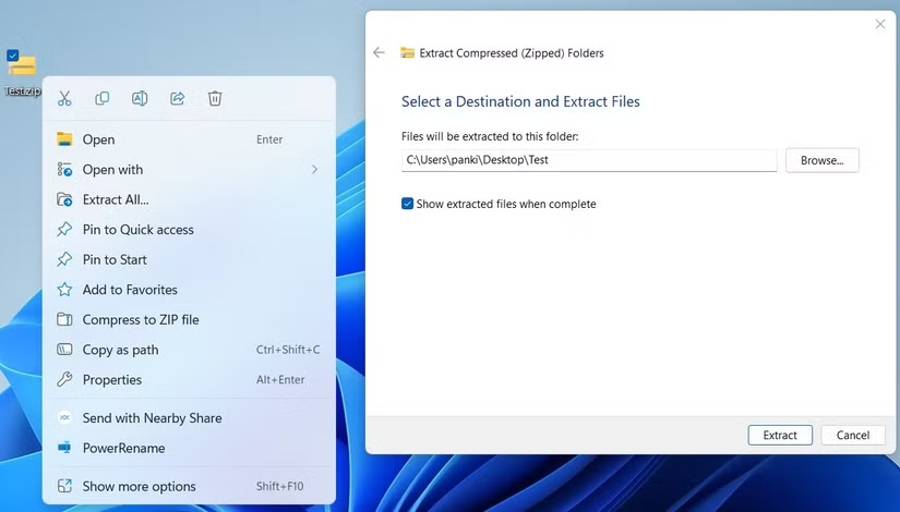 choose extract all on windows 11