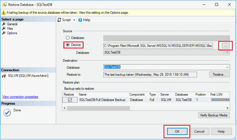 confirm to restore sql database