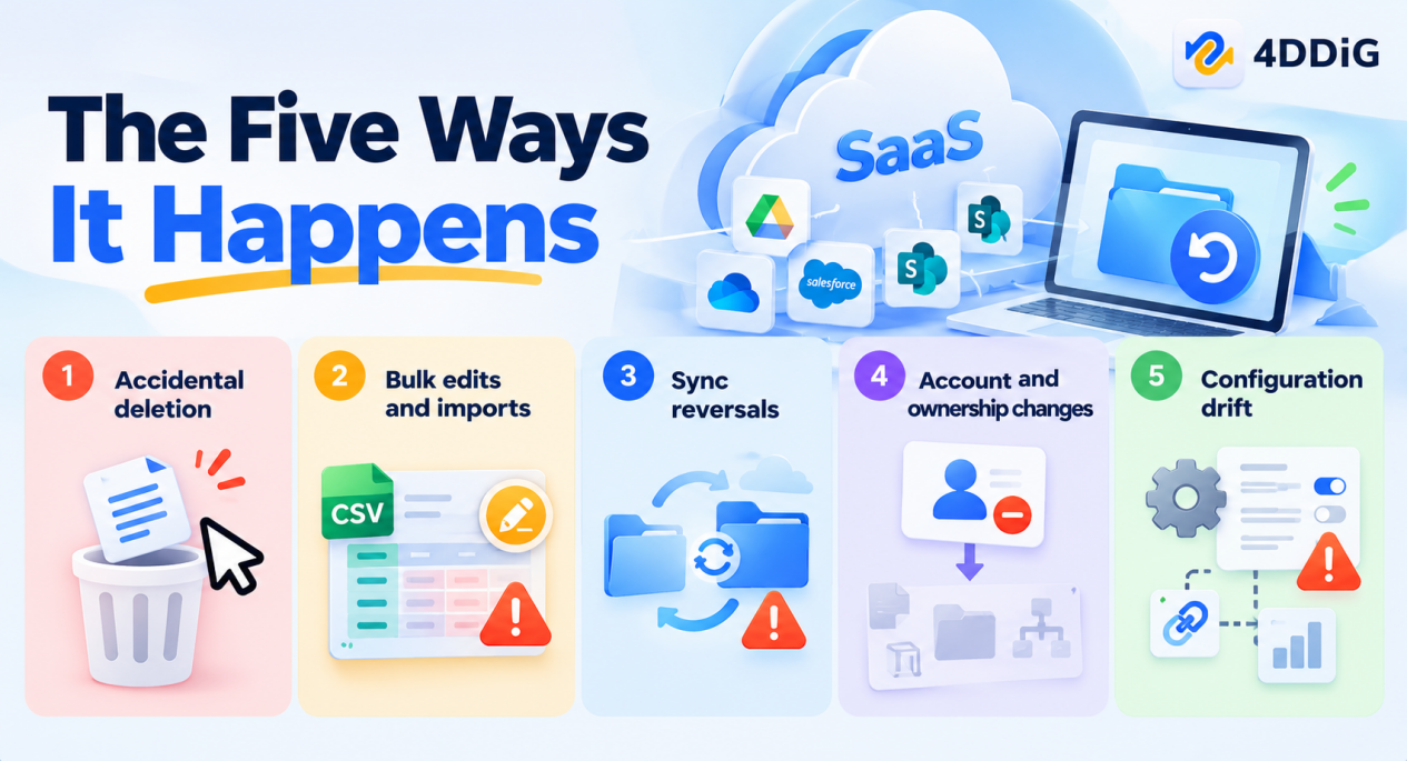 Five common SaaS data loss causes: accidental deletion, bulk edits, sync reversals, ownership changes, and configuration drift