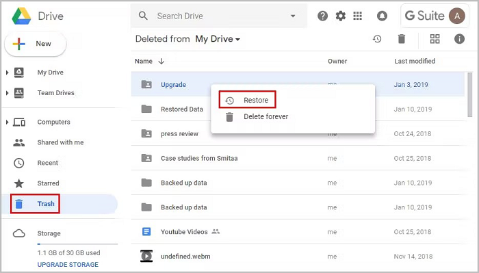 Google Drive Trash with the Restore option selected