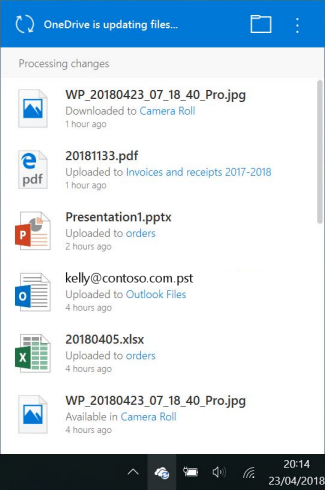 OneDrive activity window showing Processing changes while checking the sync queue