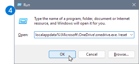 Windows Run dialog containing the OneDrive sync app reset command
