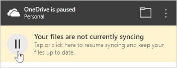 OneDrive activity window showing the paused notice and resume button