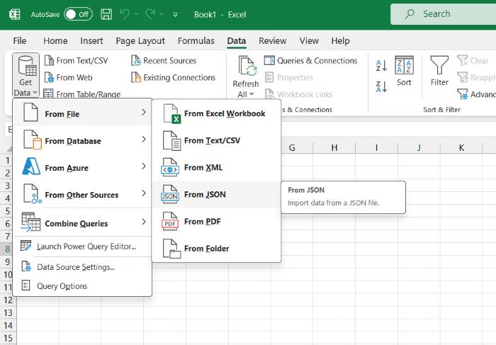 open a json file via excel