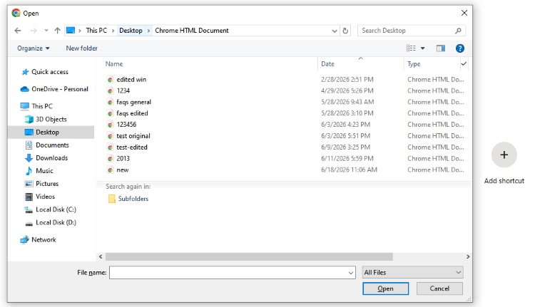 open html via chrome file menu