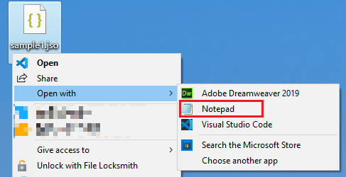 open json files with notepad windows