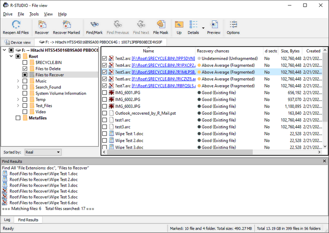 R-Studio for Windows file panel with folders and recoverable files