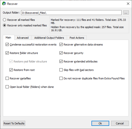 R-Studio Recover dialog with the output folder and recovery options