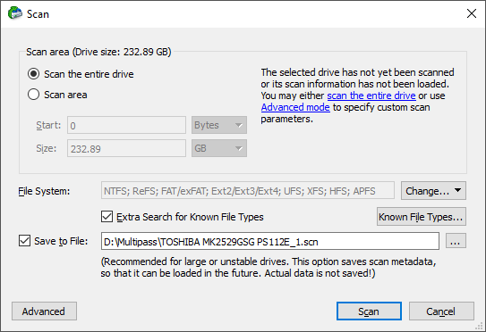 R-Studio Scan dialog with file system and known-file-type search settings