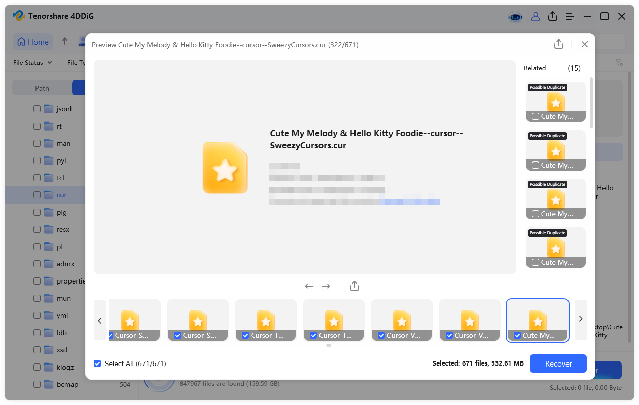 preview and recover the cur files