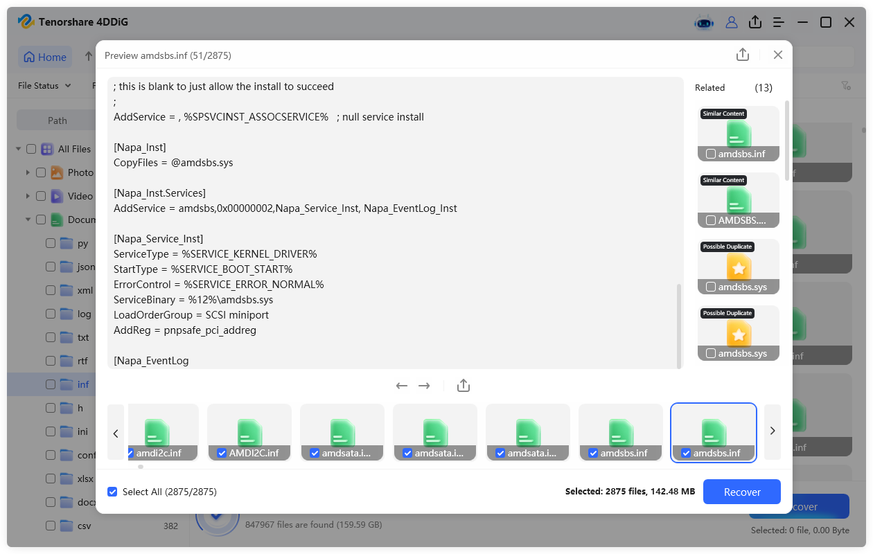 preview and recover inf files with 4ddig