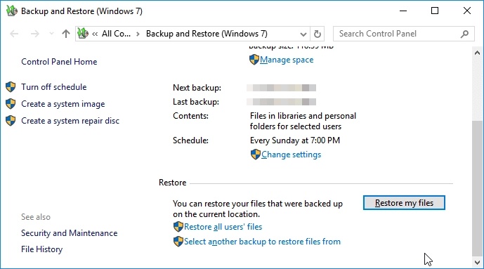 restore my files from windows backup and restore