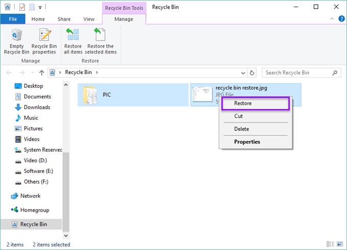restore the deleted photos from windows recycle bin
