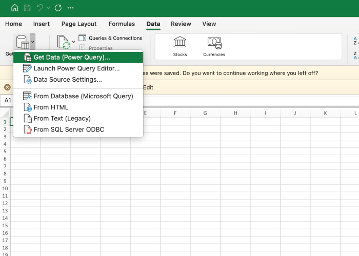 select get data power query on mac