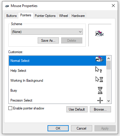 select the pointer under customize