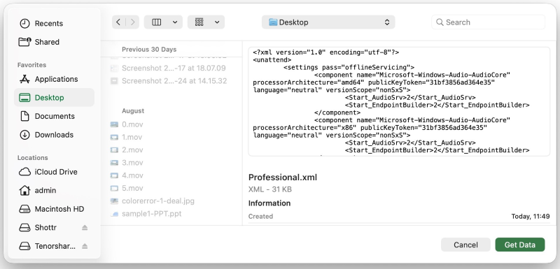 select your xml file in excel on mac