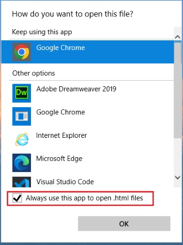 set chrome as default to open html files