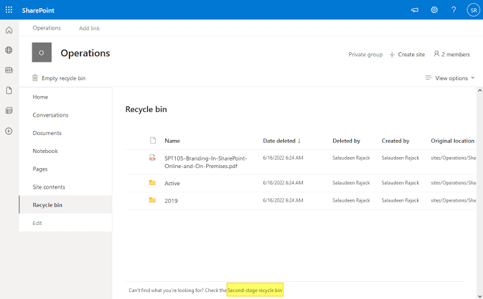 SharePoint recycle bin showing the second-stage recycle bin link