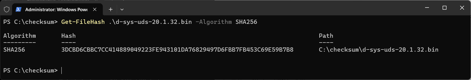 Windows PowerShell showing a vendor example file and its SHA256 hash