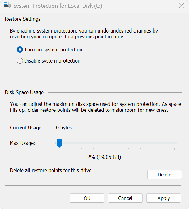 System Protection settings with Delete, Current Usage, and Max Usage controls