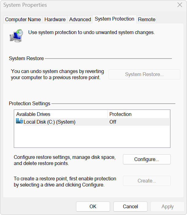 System Protection tab with the Windows drive selected and the Configure button