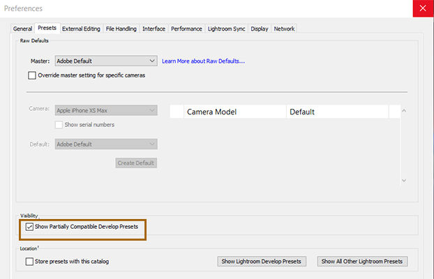 Windows Lightroom Classic Preferences with Show Partially Compatible Develop Presets selected