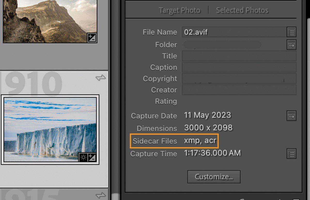 Lightroom Classic Metadata panel showing XMP and ACR sidecar files