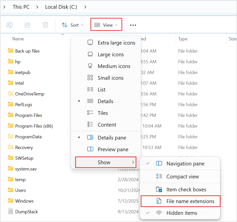 Windows 11 File Explorer View menu with Show and File name extensions highlighted